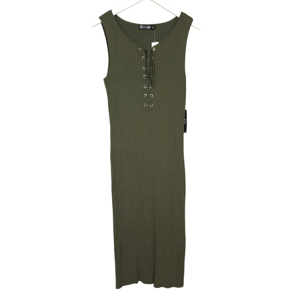 NWT New York & Company Olive Green Ribbed Lace Up Midi Dress M